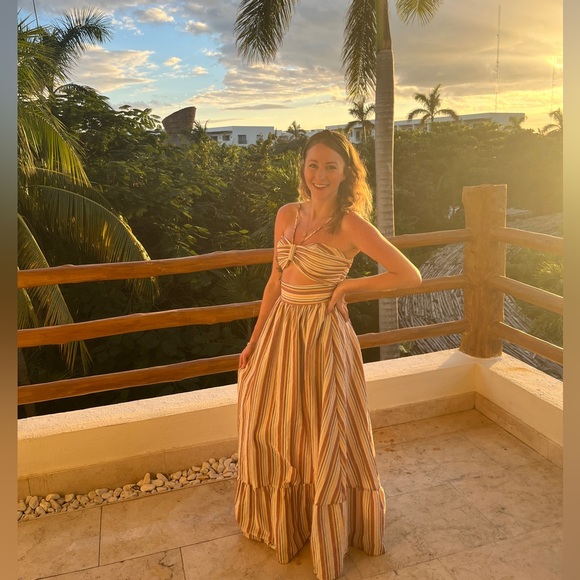 Two piece tub top dress with straps floor length small red and yellow and orange - Picture 1 of 7